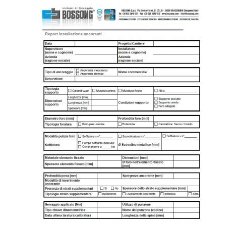 Report di installazione ancoranti